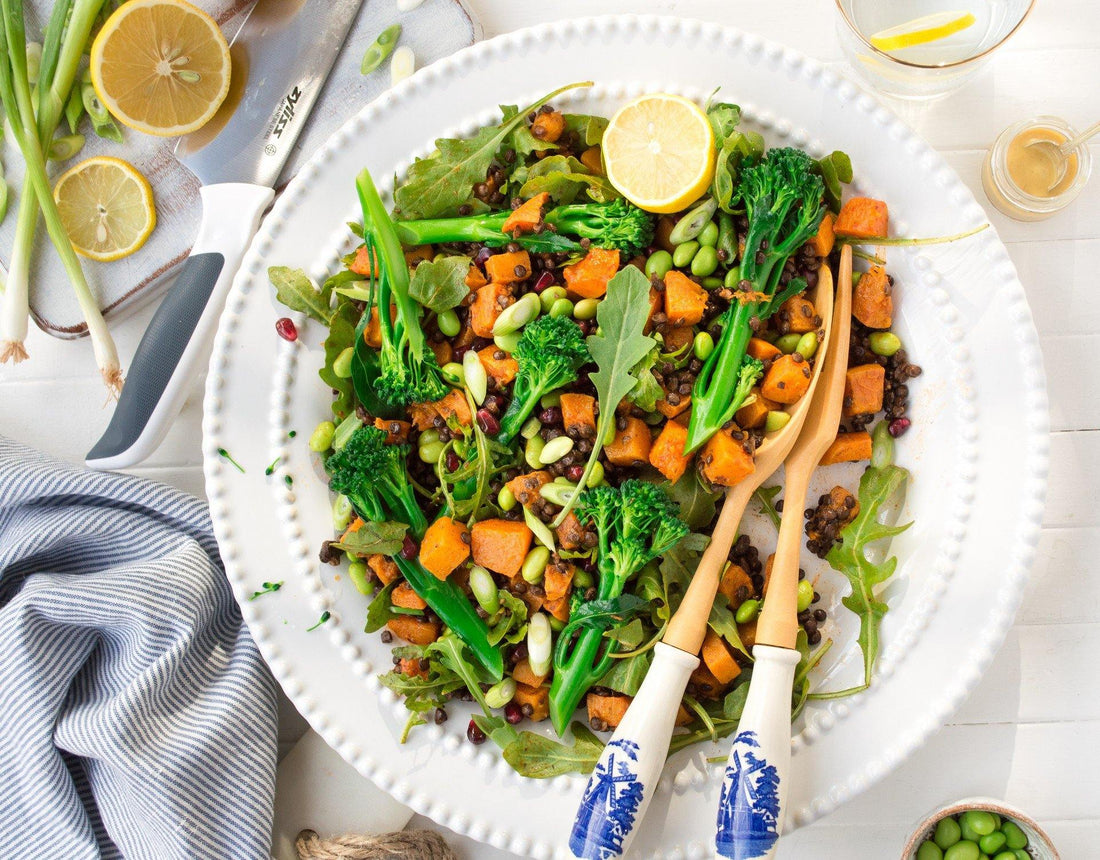 Autumnal veggie-protein-punch salad with mustard dressing