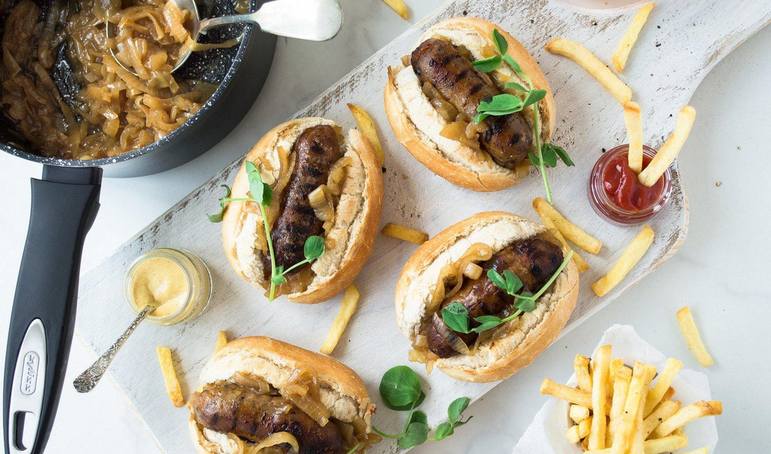Sausage Rolls with Beer Braised Onions