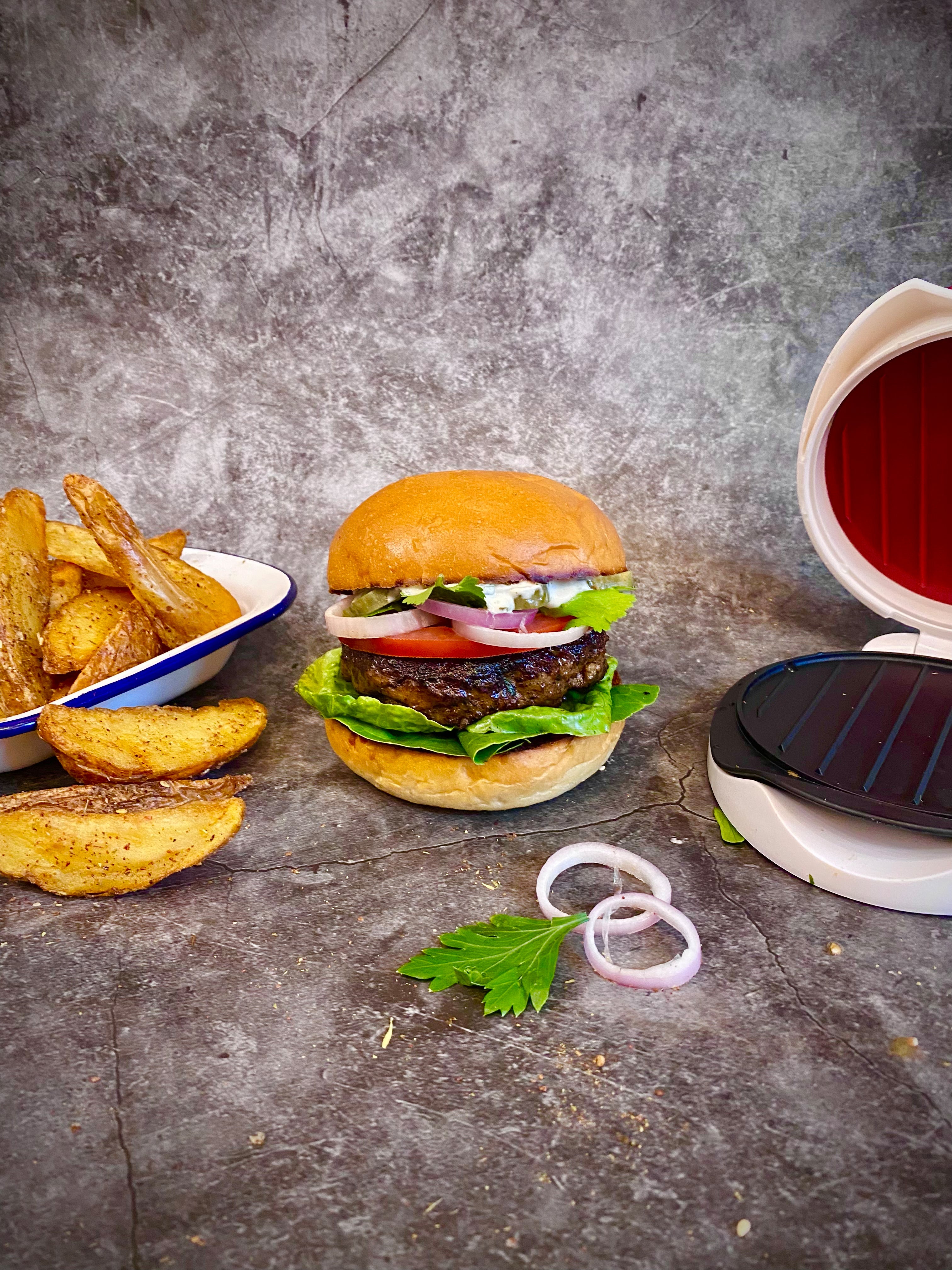 Lamb Kofta Burger, Tahini-Ziki-Mayo, Za’atar Wedges