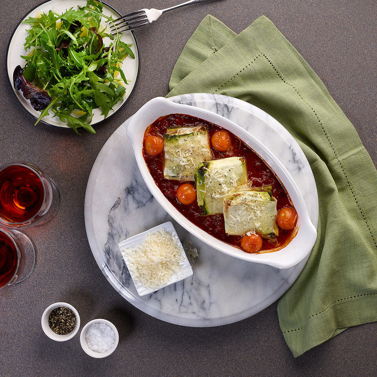 Italian Style Courgette Ravioli with mushrooms, spinach, ricotta