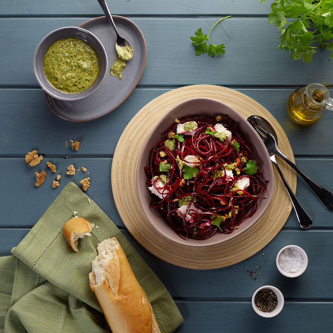 Spiralized Beetroot Salad with parsley pesto & mozzarella