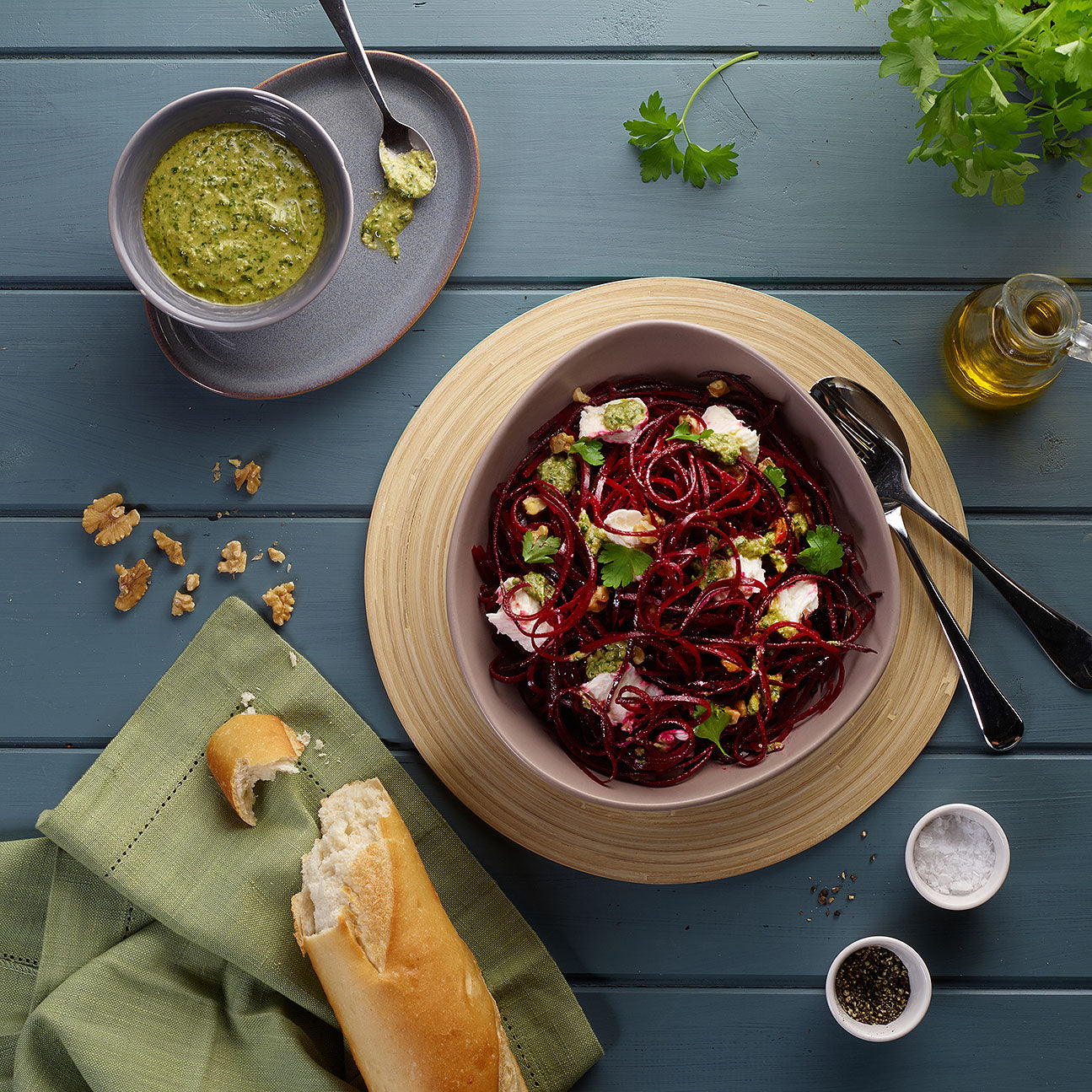 Spiralized Beetroot Salad with parsley pesto & mozzarella