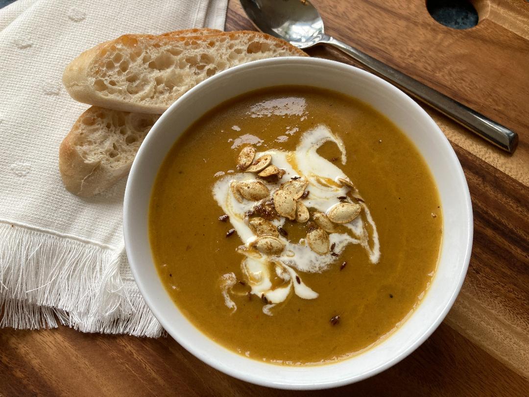 Chilli Roast Pumpkin Soup with Cumin Roasted Seeds