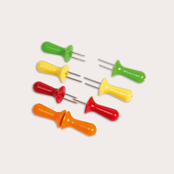 Zyliss Interlocking Corn Holders: Set of 8 dishwasher-safe holders with red, yellow, orange, and green plastic handles. Each has two metal prongs and interlocks to form four colorful pairs, shown arranged on a white background.