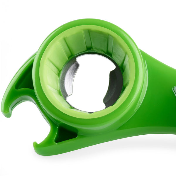 A close-up of a green kitchen tool with a circular opening, jagged metal edges inside, and a hooked end, designed for opening jars and bottles. The tool is shown against a white background.