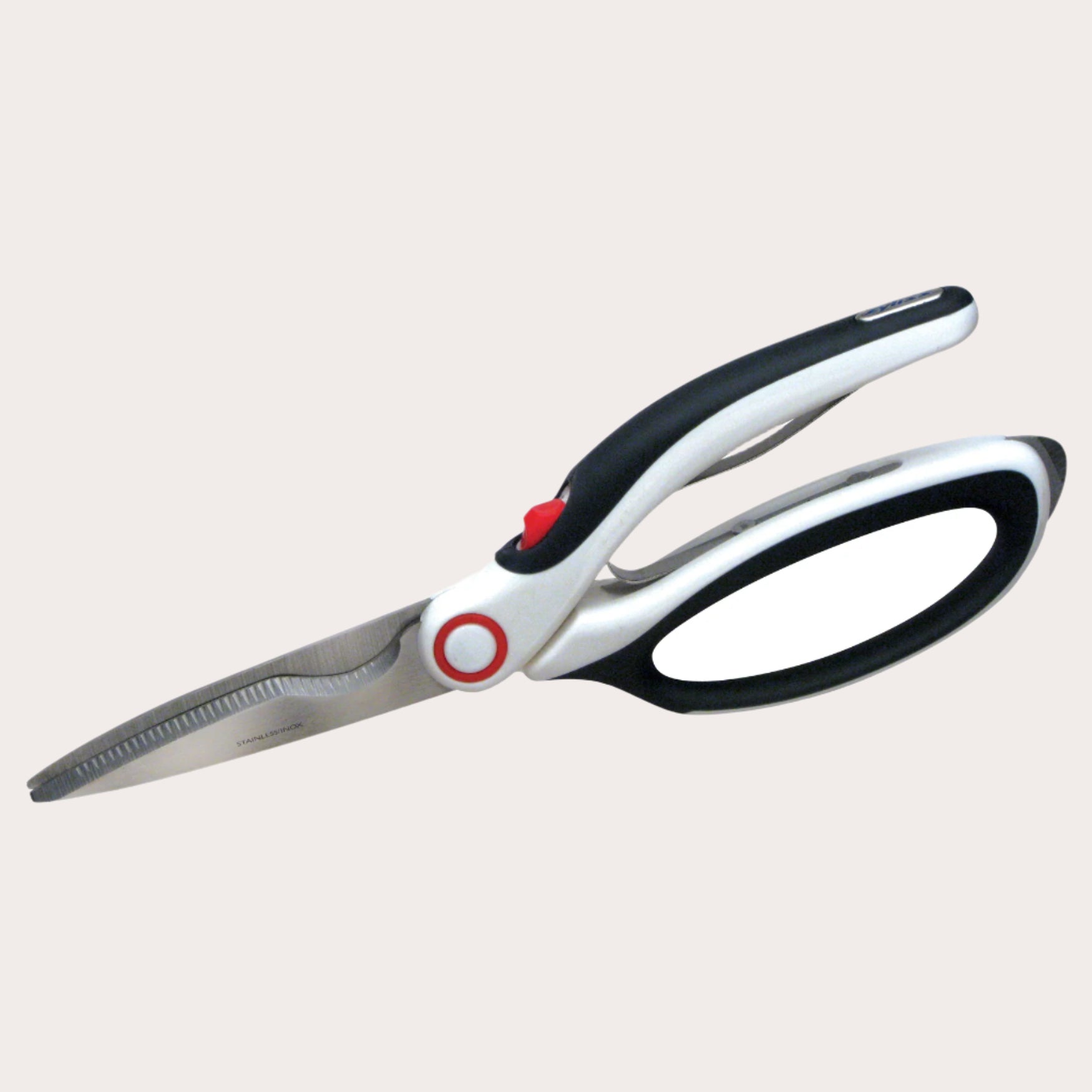 The Zyliss All Purpose Shears feature ergonomic black and white handles with a red pivot point. Their slightly serrated, stainless steel blades make them perfect for cutting various kitchen items, making them an indispensable kitchen tool.