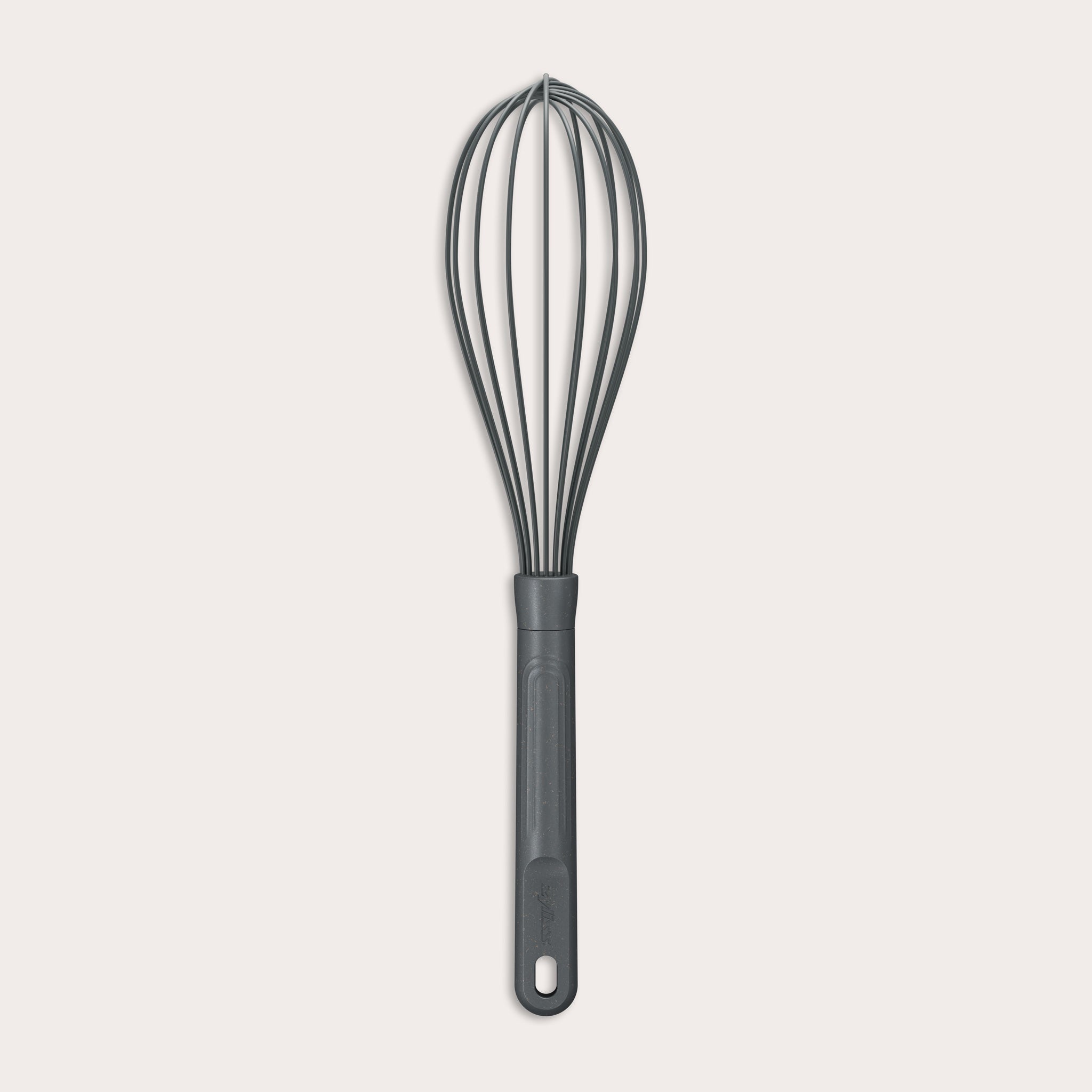 A black silicone whisk with a long handle and multiple loops, shown against a plain white background.
