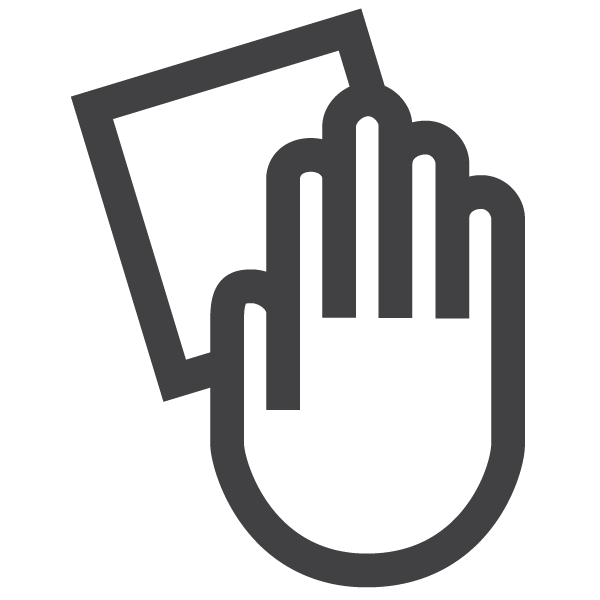 A simple black and white icon shows a hand holding a cloth or wipe, suggesting cleaning or wiping a surface.