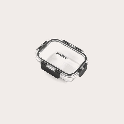 A small, clear rectangular Zyliss Glass Container with a black latch on the front and sides ensures a secure seal. The lid is printed with Zyliss. Shown empty against a white background, its perfect for meal prep. #0.37L/0.39qt