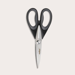 The Zyliss Household Shears, featuring stainless steel blades and black handles, are displayed against a plain, light background. 