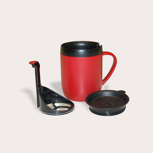 The Zyliss Hot Mug Cafetière Mug features double-wall insulation, a red exterior, black interior, separate black lid, and sleek black-silver detachable infuser—ideal for coffee lovers—displayed on a plain light background. #red