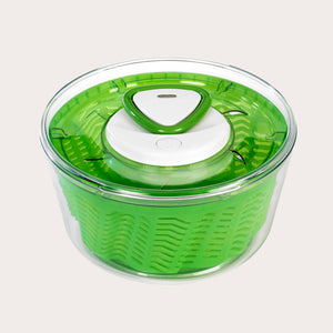 The Zyliss Easy Spin 2 Salad Spinner Large features a green and clear plastic bowl, a white and green lid, and a non-slip base, shown from above against a light background. #Green