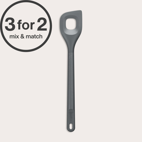 Zyliss Angled Mixing Spoon with an ergonomic handle and square hole in the head is shown on a light background. A 3 for 2 mix & match circular label appears in the top left corner.